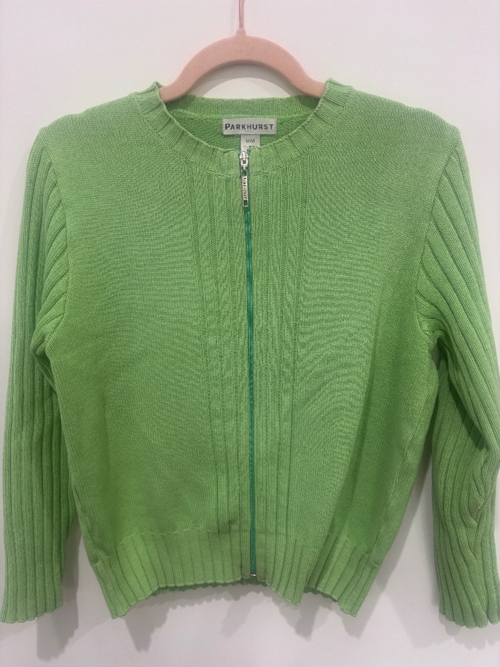 Parkhurst Green Zip Up Cardigan Medium 100% Cotton Ribbed Knit Sweater
